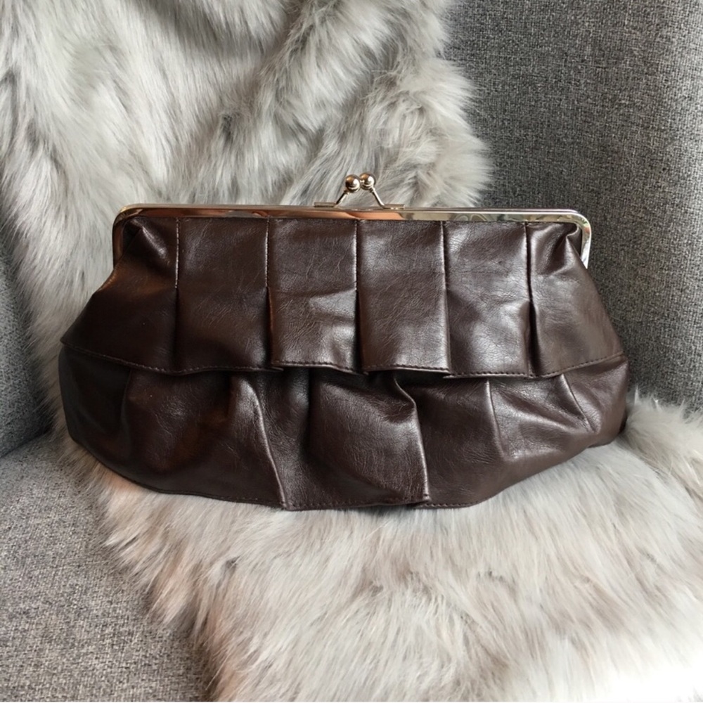 Le Château brown faux leather ruffle clutch